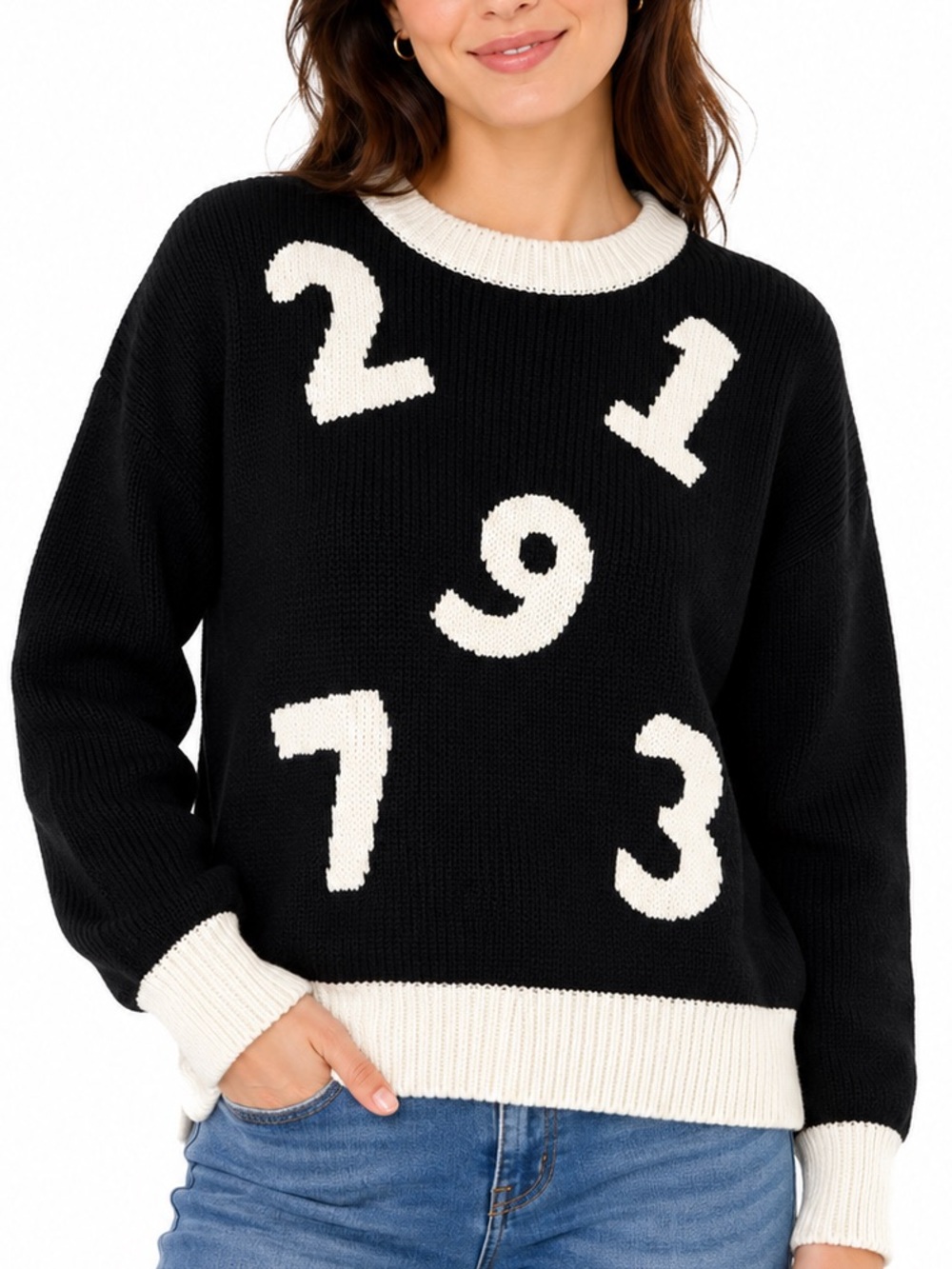 Vintage JIGSAW Black & White Number Sweater Medium 90s Novelty Graphic Kn